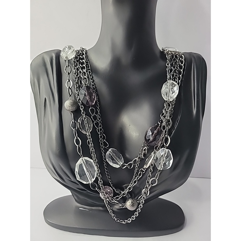 Vintage Necklace Beaded Multi Strand Black Clear Jewelry Costume